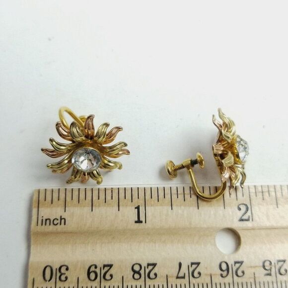 Vintage Gold Filled Floral Sun Shaped Rhinestoen Center Clip On Earrings - Picture 5 of 7